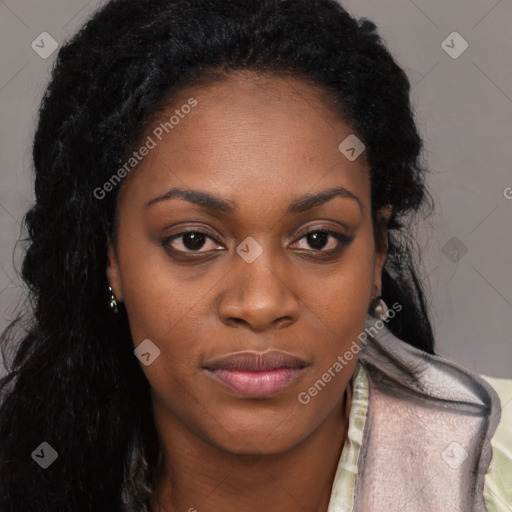 Joyful black young-adult female with long  brown hair and brown eyes