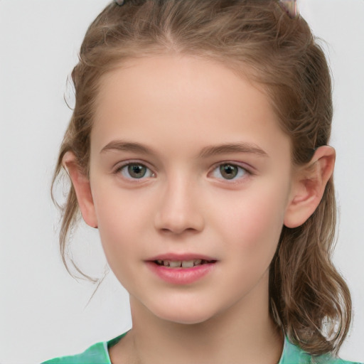 Joyful white child female with medium  brown hair and grey eyes