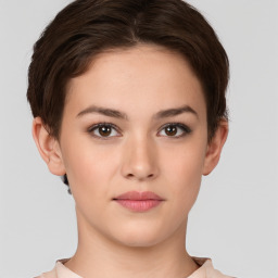 Neutral white young-adult female with short  brown hair and brown eyes