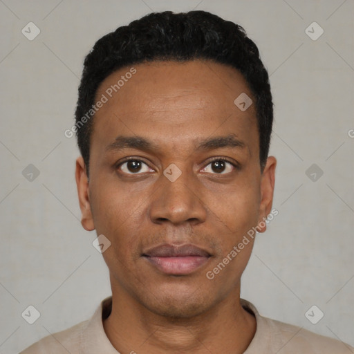 Neutral black young-adult male with short  black hair and brown eyes