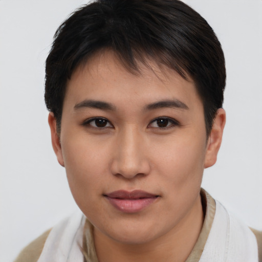 Neutral asian young-adult female with short  brown hair and brown eyes