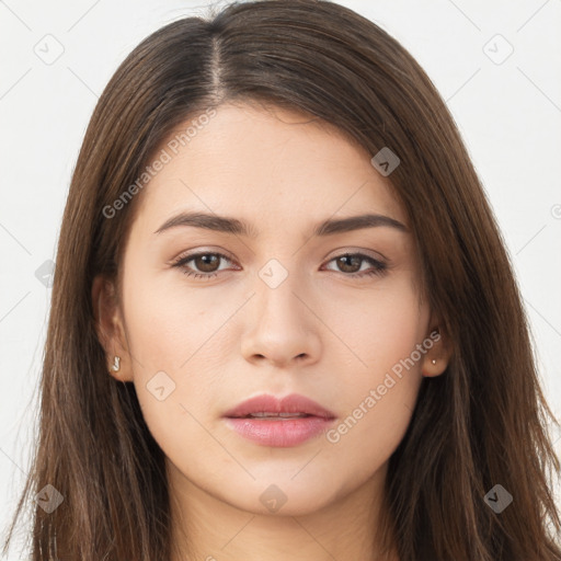 Neutral white young-adult female with long  brown hair and brown eyes