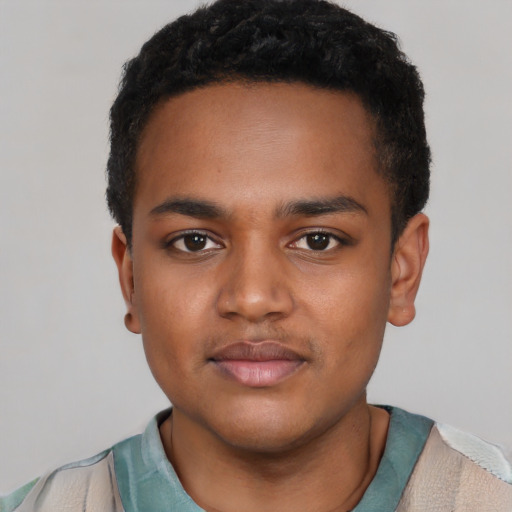 Neutral black young-adult male with short  black hair and brown eyes