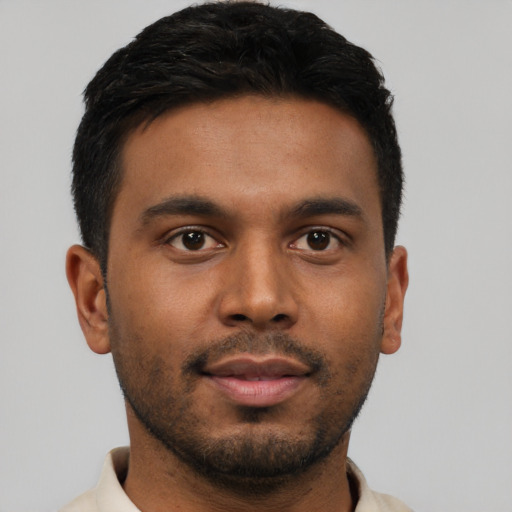 Neutral latino young-adult male with short  black hair and brown eyes