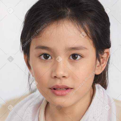 Joyful white child female with medium  brown hair and brown eyes