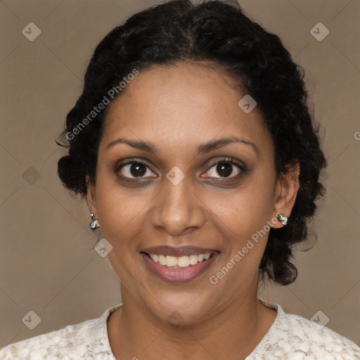 Joyful black young-adult female with medium  black hair and brown eyes