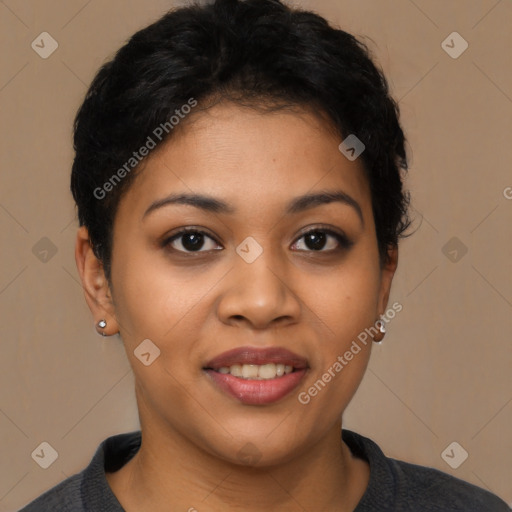 Joyful latino young-adult female with short  brown hair and brown eyes