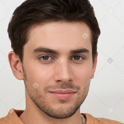 Neutral white young-adult male with short  brown hair and brown eyes