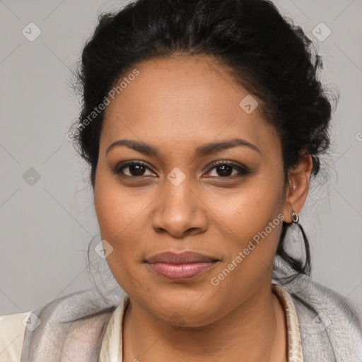 Joyful latino young-adult female with long  brown hair and brown eyes