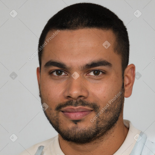 Neutral latino young-adult male with short  black hair and brown eyes