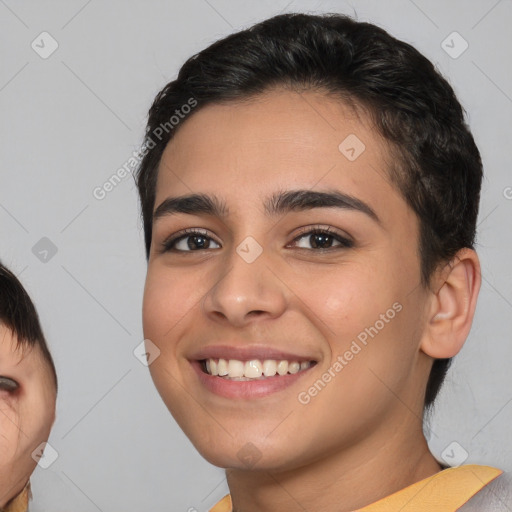 Joyful white young-adult female with short  brown hair and brown eyes