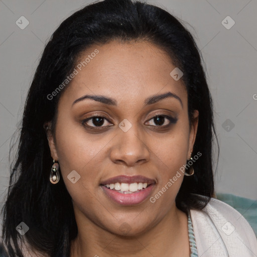 Joyful latino young-adult female with long  brown hair and brown eyes