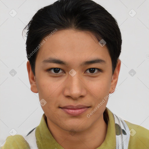 Joyful asian young-adult female with short  brown hair and brown eyes