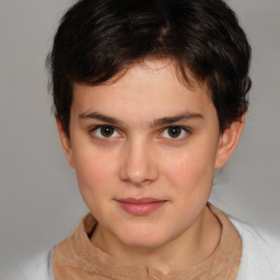 Neutral white young-adult female with short  brown hair and brown eyes