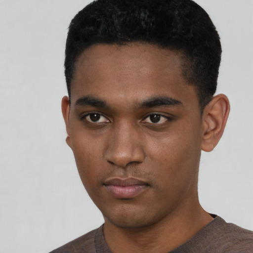 Neutral black young-adult male with short  black hair and brown eyes