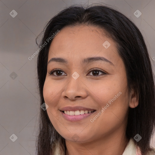 Joyful white young-adult female with long  brown hair and brown eyes