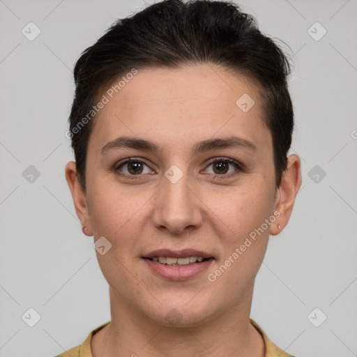 Joyful white young-adult female with short  brown hair and brown eyes