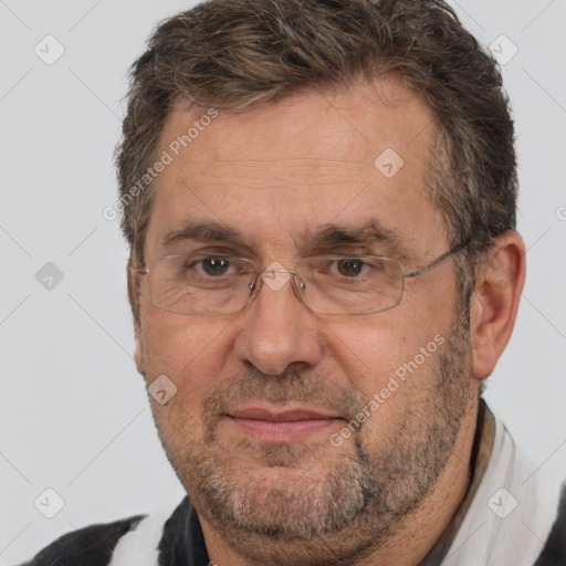 Joyful white middle-aged male with short  brown hair and brown eyes