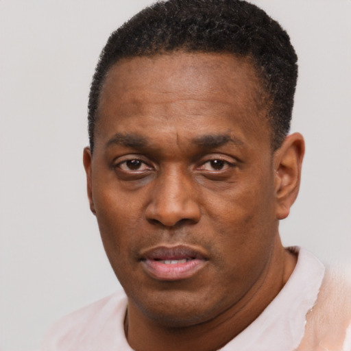 Neutral black adult male with short  black hair and brown eyes