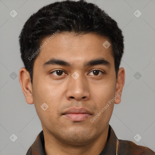 Neutral asian young-adult male with short  black hair and brown eyes