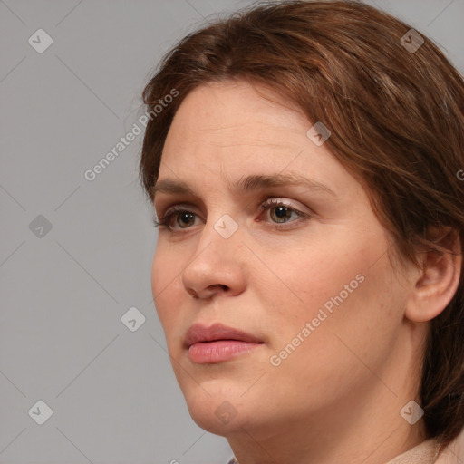 Neutral white young-adult female with medium  brown hair and brown eyes