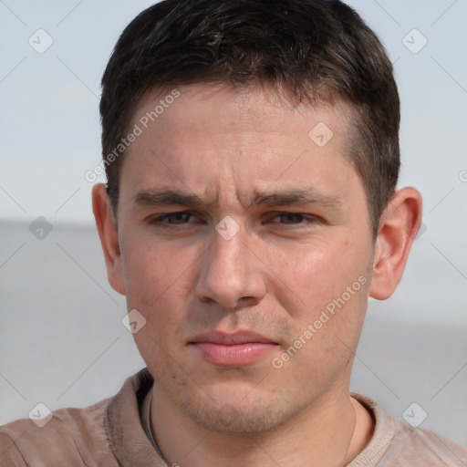 Neutral white young-adult male with short  brown hair and brown eyes