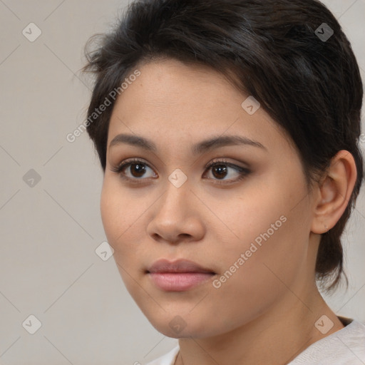 Neutral white young-adult female with medium  brown hair and brown eyes