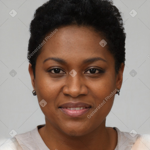 Joyful black young-adult female with short  black hair and brown eyes