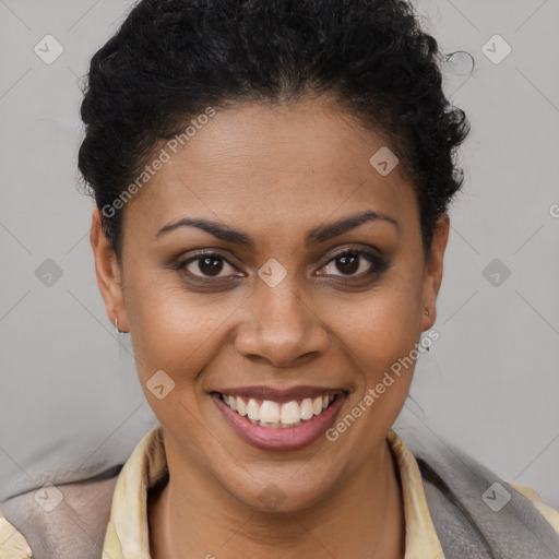 Joyful latino young-adult female with short  brown hair and brown eyes