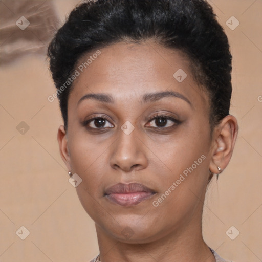 Neutral black young-adult female with short  brown hair and brown eyes