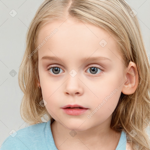 Neutral white child female with medium  brown hair and blue eyes