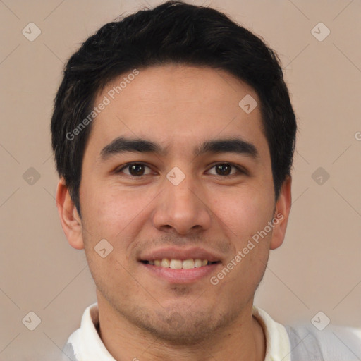 Joyful latino young-adult male with short  brown hair and brown eyes