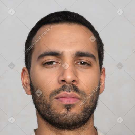 Neutral latino young-adult male with short  black hair and brown eyes