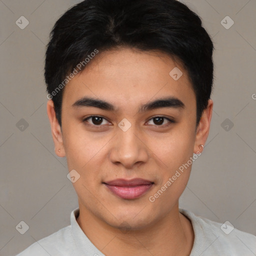 Joyful white young-adult male with short  black hair and brown eyes