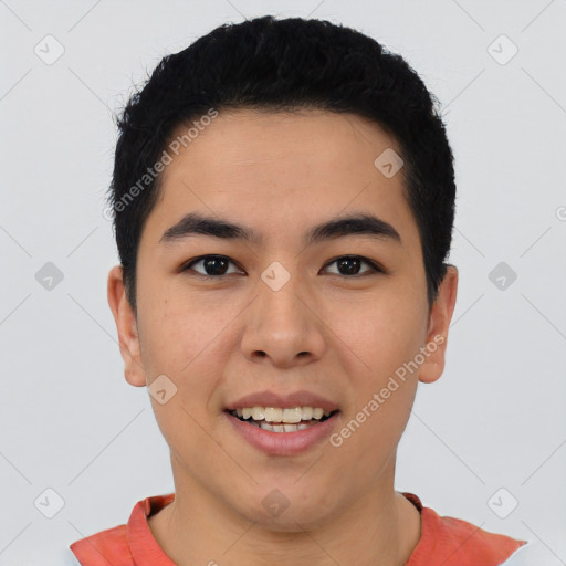 Joyful asian young-adult male with short  black hair and brown eyes