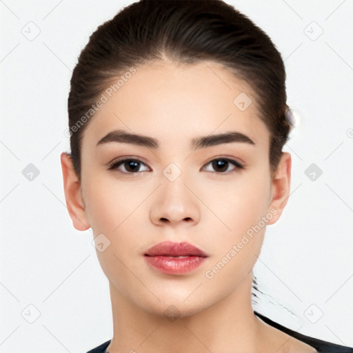 Neutral white young-adult female with medium  brown hair and brown eyes