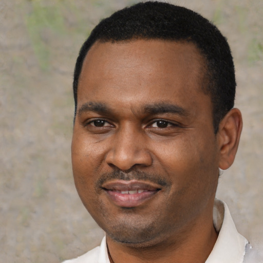 Joyful black young-adult male with short  black hair and brown eyes