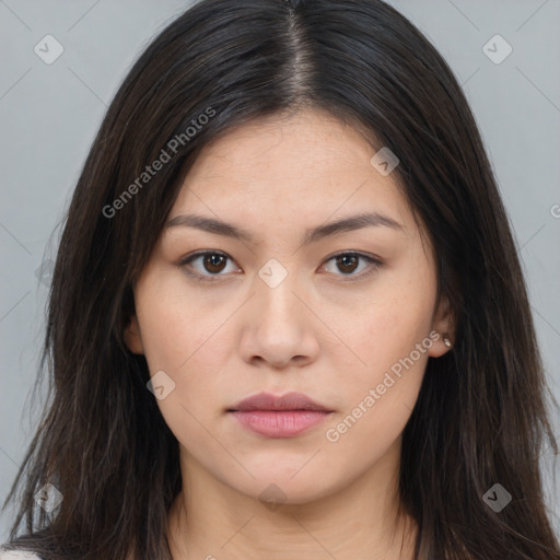 Neutral asian young-adult female with long  brown hair and brown eyes