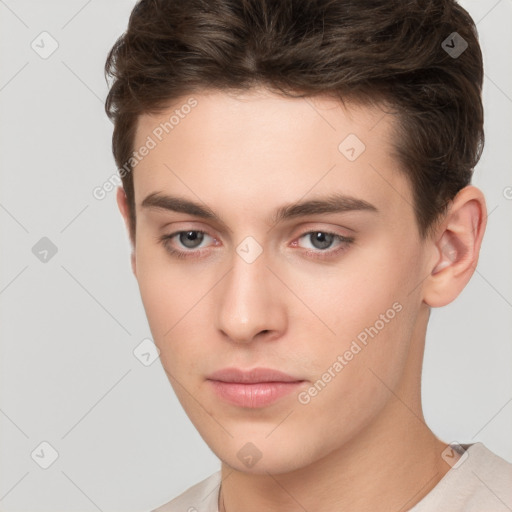 Neutral white young-adult male with short  brown hair and brown eyes