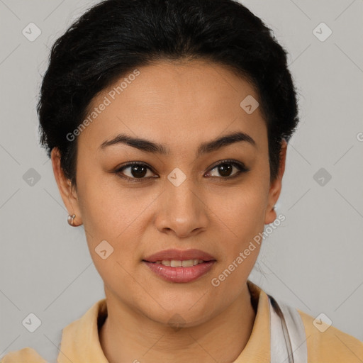 Joyful latino young-adult female with short  black hair and brown eyes