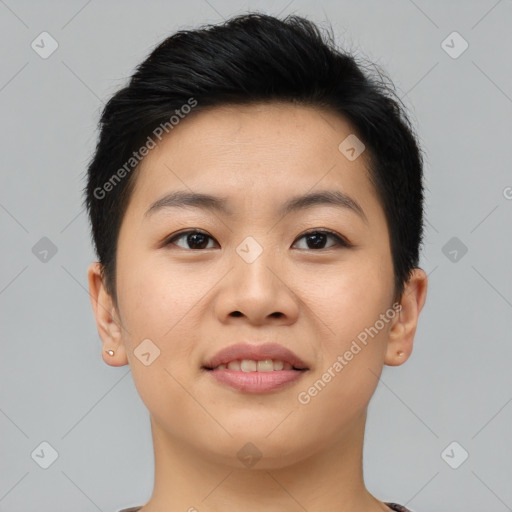 Joyful asian young-adult female with short  brown hair and brown eyes