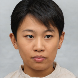 Neutral asian young-adult female with short  brown hair and brown eyes