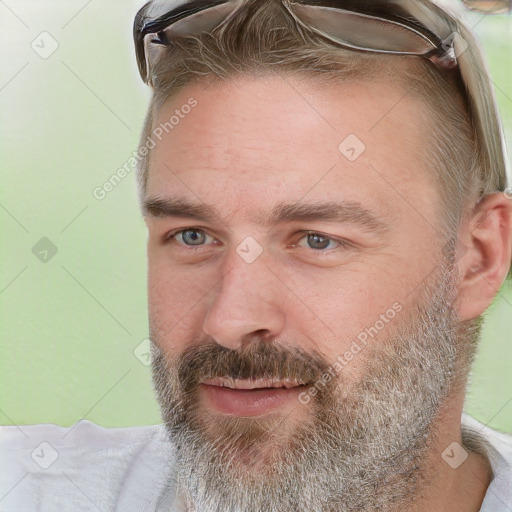 Neutral white adult male with short  brown hair and grey eyes