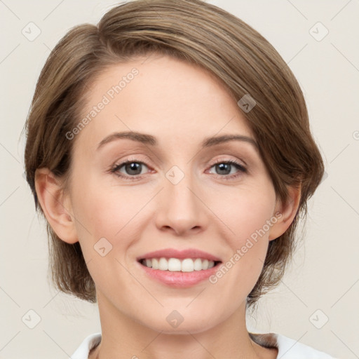 Joyful white young-adult female with medium  brown hair and green eyes