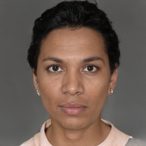 Neutral latino young-adult female with short  black hair and brown eyes