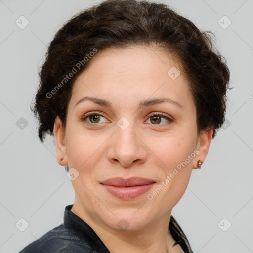 Joyful white adult female with short  brown hair and grey eyes