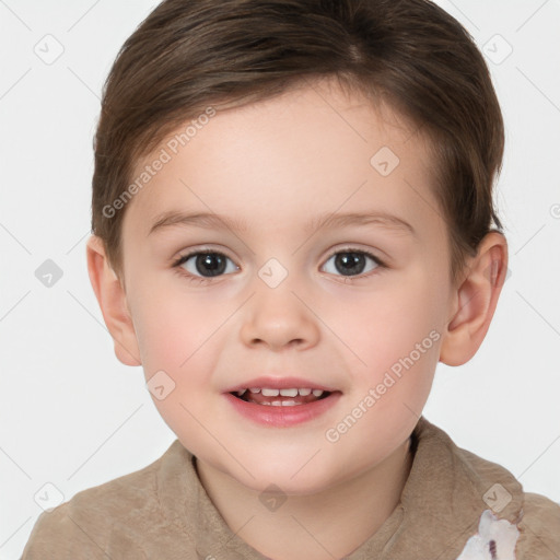 Joyful white child female with short  brown hair and brown eyes