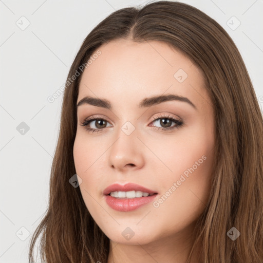 Neutral white young-adult female with long  brown hair and brown eyes