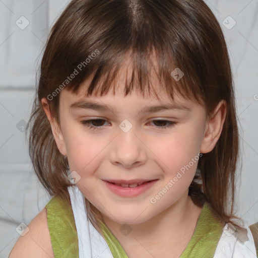 Joyful white child female with medium  brown hair and brown eyes