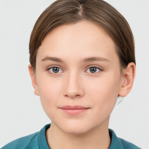 Neutral white young-adult female with short  brown hair and grey eyes